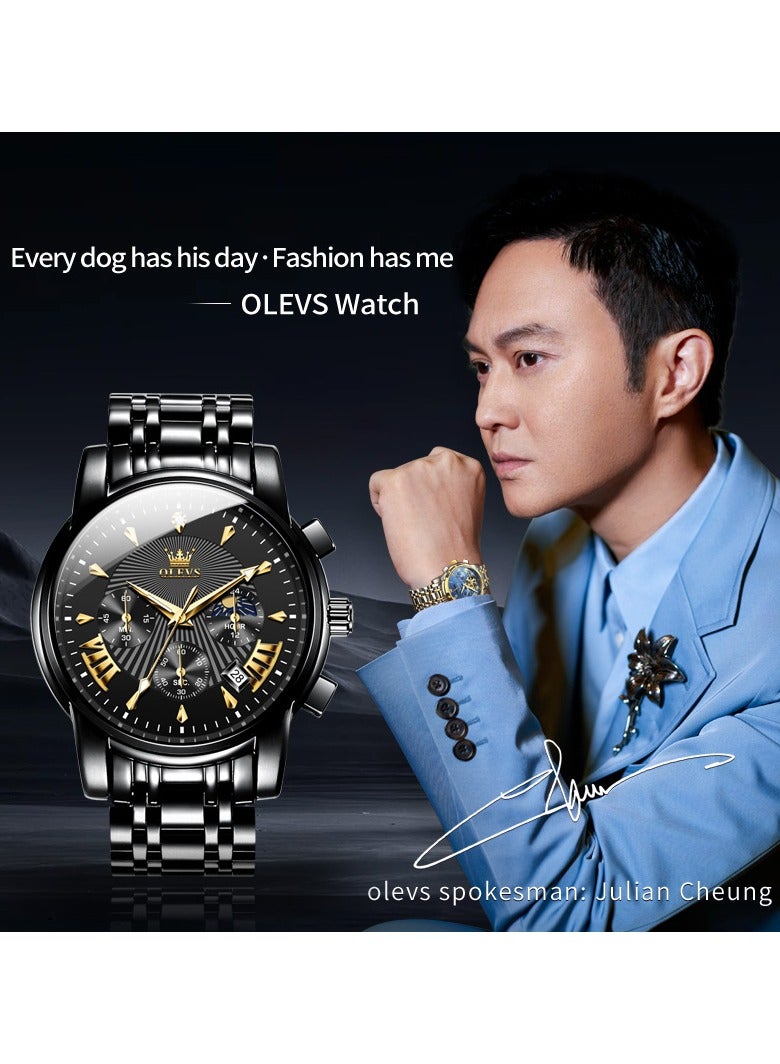 أوليفز ساعات OLEVS للرجال أنيقة من الفولاذ المقاوم للصدأ كوارتز كرونوغراف مقاومة للماء 41 مم 2892 ساعات كوارتز سوداء للأعمال - Image 2