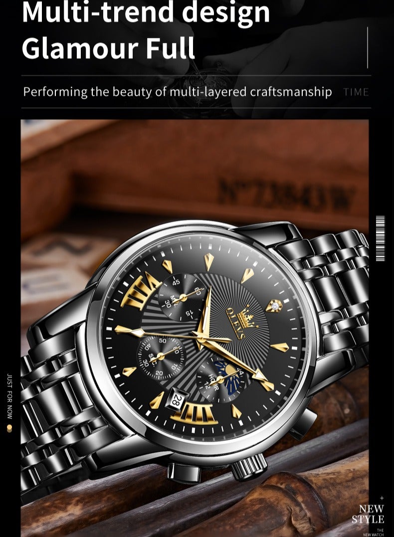 أوليفز ساعات OLEVS للرجال أنيقة من الفولاذ المقاوم للصدأ كوارتز كرونوغراف مقاومة للماء 41 مم 2892 ساعات كوارتز سوداء للأعمال - Image 5