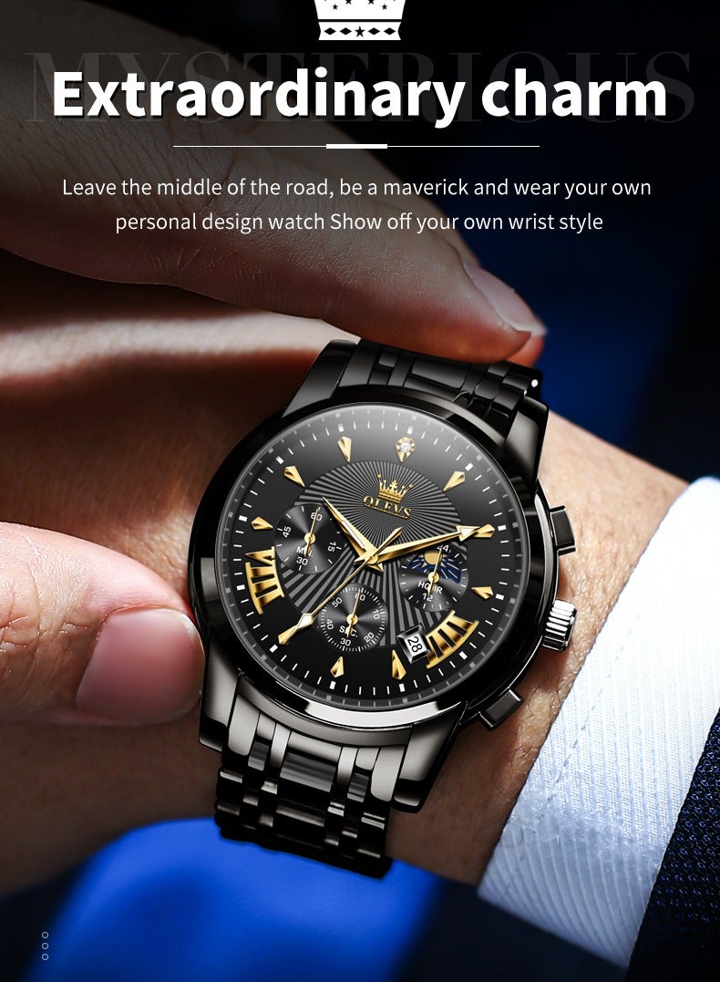 أوليفز ساعات OLEVS للرجال أنيقة من الفولاذ المقاوم للصدأ كوارتز كرونوغراف مقاومة للماء 41 مم 2892 ساعات كوارتز سوداء للأعمال - Image 4