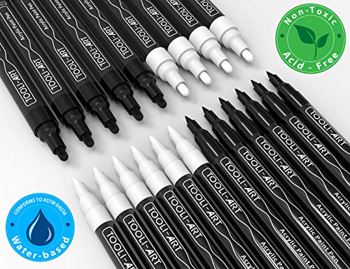 TOOLI-ART TOOLIART Black And White Acrylic Paint Markers Paint Pens Set For Rock Painting Canvas Mugs Metal Glass Paint Fabric Wood DIY Non Toxic Quick DryWaterbas EXTRA FINE MEDIUM - Image 3