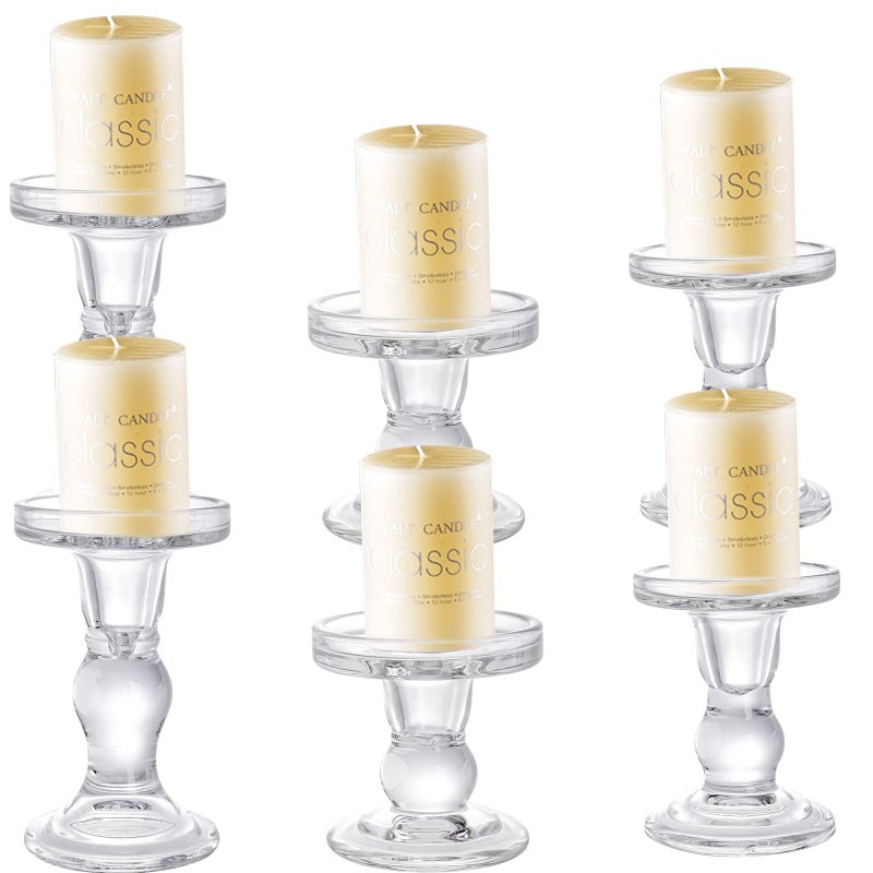 Okllen Set of 6 Glass Candle Holders Clear Pillar Taper Candlestick Crystal Tealight Candle Holder Stand for Dinner Table Wedding Centerpieces Living Room Home Decor