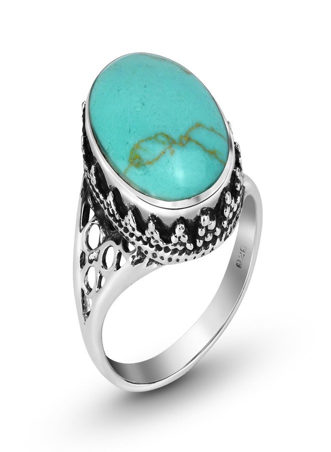 AeraVida Gracious Oval Simulated Turquoise Ornated .925 Sterling Silver Ring (7) - Image 2