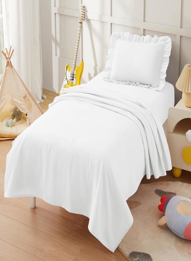 KKJIAF 3 Piece Toddler Sheet Set Microfiber, Includes a Flat Sheet, a Fitted Sheet and a Ruffle Pillowcase, White - Image 1