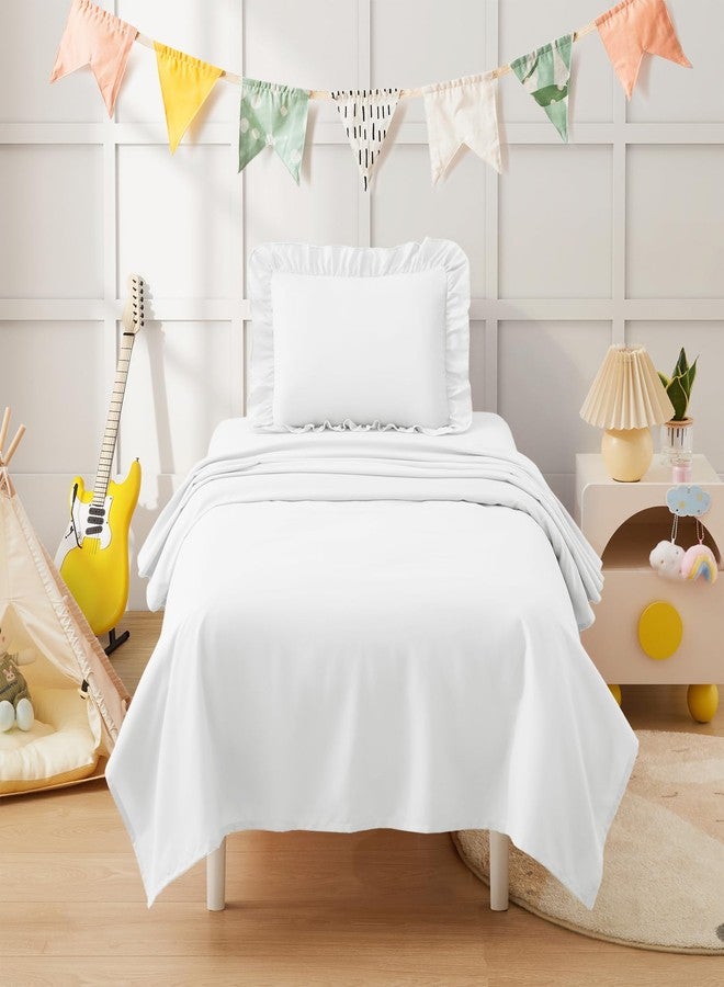 KKJIAF 3 Piece Toddler Sheet Set Microfiber, Includes a Flat Sheet, a Fitted Sheet and a Ruffle Pillowcase, White - Image 4