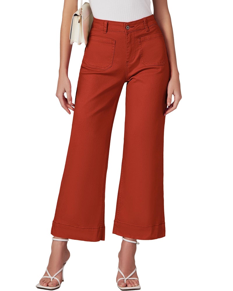 luvamia Wide Leg Jeans for Women Trendy High Waisted Flare Jeans Cropped Denim Pants Stretchy Baggy with Patch Pockets Orange Rust Size Large Fits Size 12-14 - Image 1