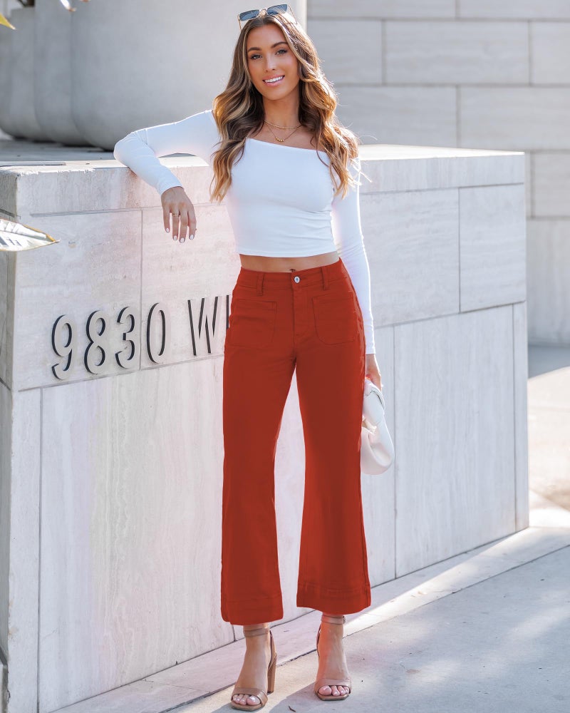 luvamia Wide Leg Jeans for Women Trendy High Waisted Flare Jeans Cropped Denim Pants Stretchy Baggy with Patch Pockets Orange Rust Size Large Fits Size 12-14 - Image 4