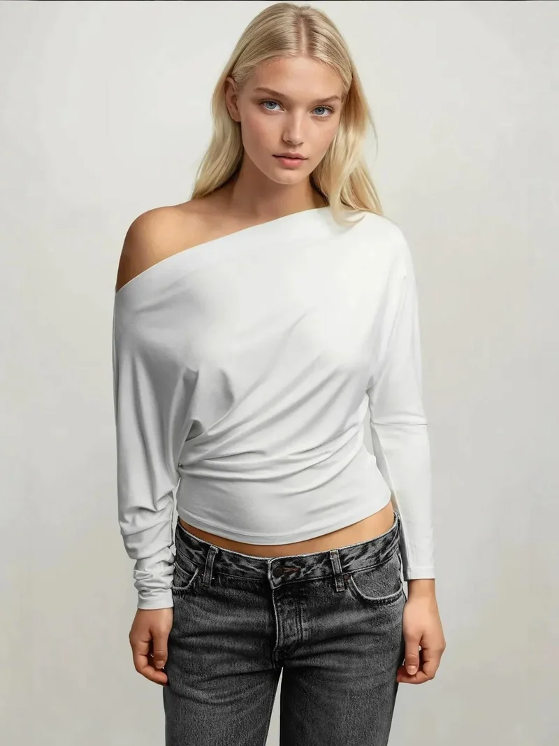 HICCUP Asymmetrical Collar Long Sleeve Elastic Knit T-Shirt