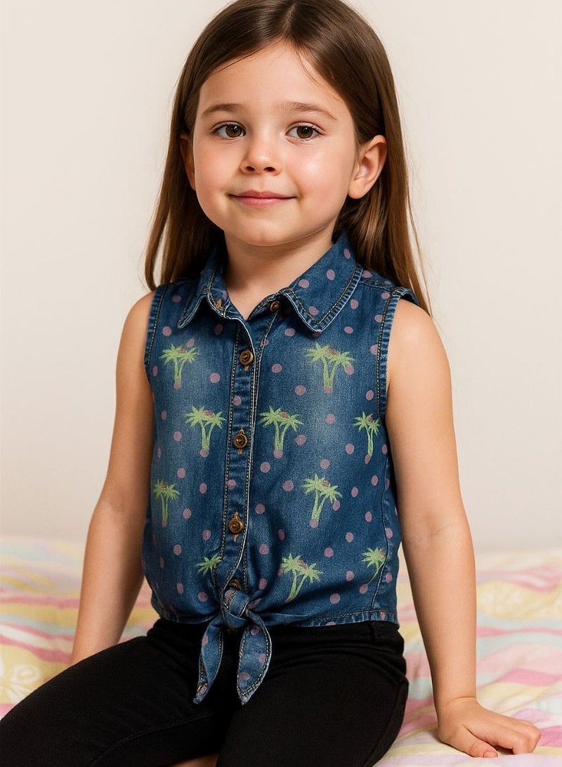 Girls' Summer Sleeveless Denim Shirt with a Unique Design for Ages 6 - Image 1