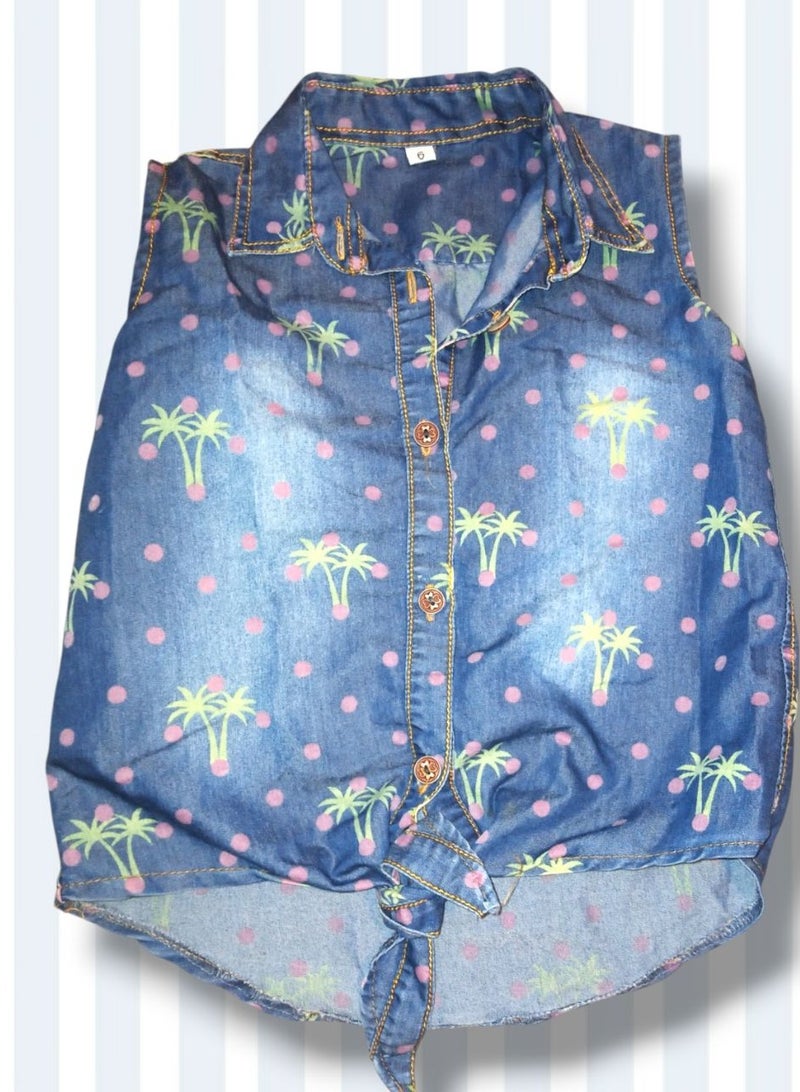 Girls' Summer Sleeveless Denim Shirt with a Unique Design for Ages 6 - Image 2