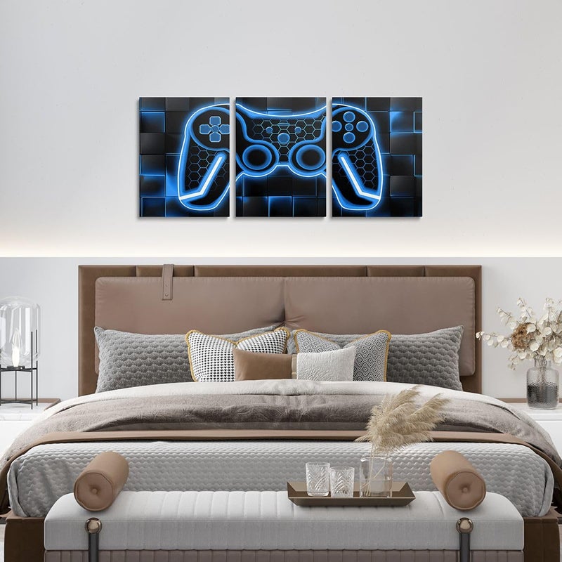 Feelyou Gamer Canvas Wall Art Gaming Bathroom Wall Art for Home Decor 12"x16" 3 Piece for Teens Bedroom Decor Lighting Honeycomb Office Wall Artwork Posters Blue and Black Geometric Wall Painting - Image 4