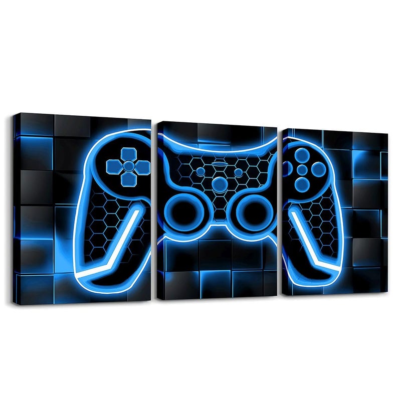 Feelyou Gamer Canvas Wall Art Gaming Bathroom Wall Art for Home Decor 12"x16" 3 Piece for Teens Bedroom Decor Lighting Honeycomb Office Wall Artwork Posters Blue and Black Geometric Wall Painting - Image 1