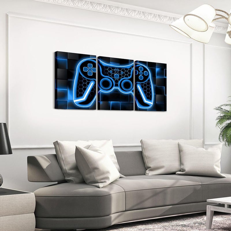 Feelyou Gamer Canvas Wall Art Gaming Bathroom Wall Art for Home Decor 12"x16" 3 Piece for Teens Bedroom Decor Lighting Honeycomb Office Wall Artwork Posters Blue and Black Geometric Wall Painting - Image 3