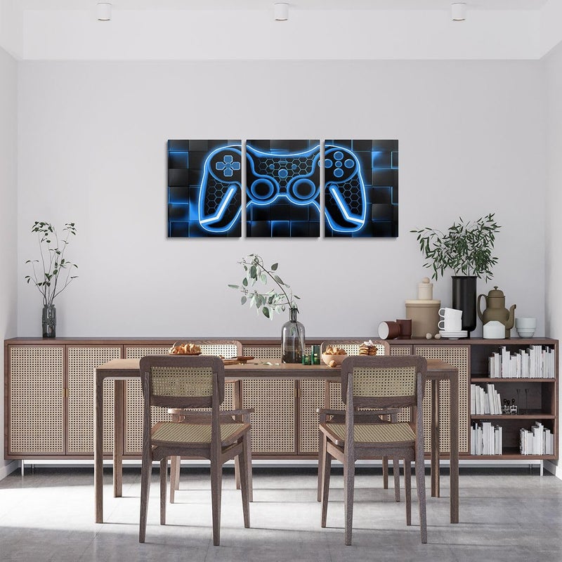 Feelyou Gamer Canvas Wall Art Gaming Bathroom Wall Art for Home Decor 12"x16" 3 Piece for Teens Bedroom Decor Lighting Honeycomb Office Wall Artwork Posters Blue and Black Geometric Wall Painting - Image 2