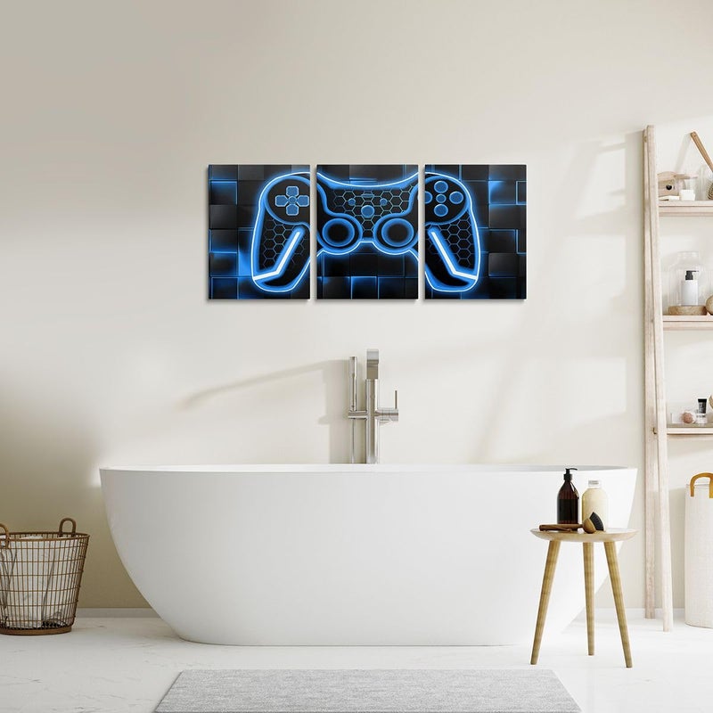 Feelyou Gamer Canvas Wall Art Gaming Bathroom Wall Art for Home Decor 12"x16" 3 Piece for Teens Bedroom Decor Lighting Honeycomb Office Wall Artwork Posters Blue and Black Geometric Wall Painting - Image 5