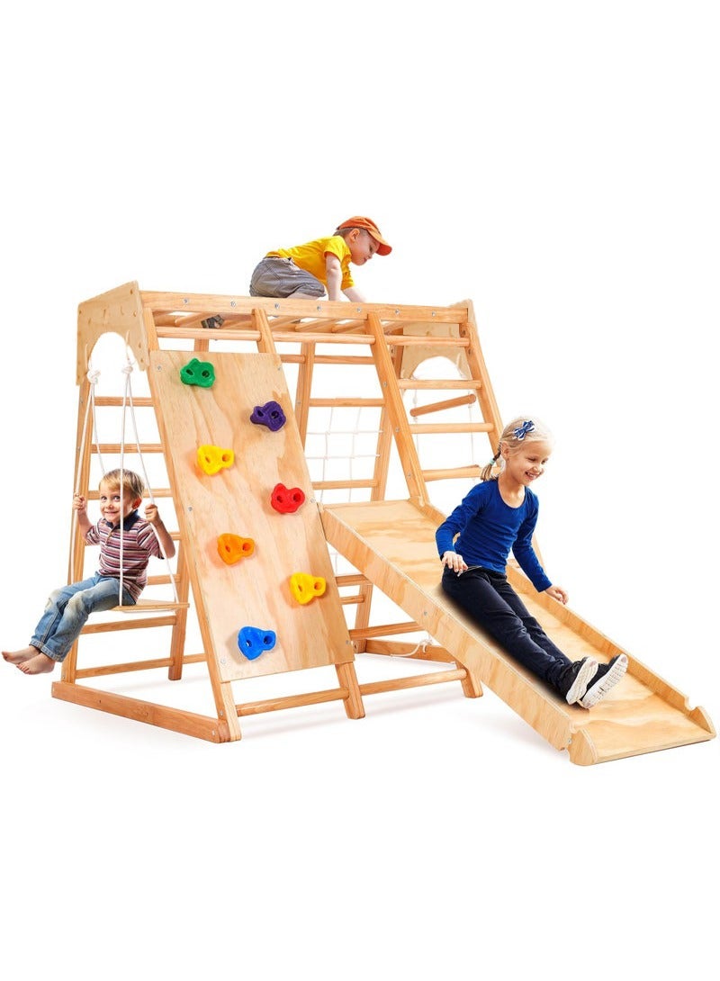 XiuWoo 7-in-1 Indoor Jungle Gym for Kids, Toddler Playground With Slide, Swing and Climbing Rock, Wooden Montessori Climbing Toys Playset - Image 1