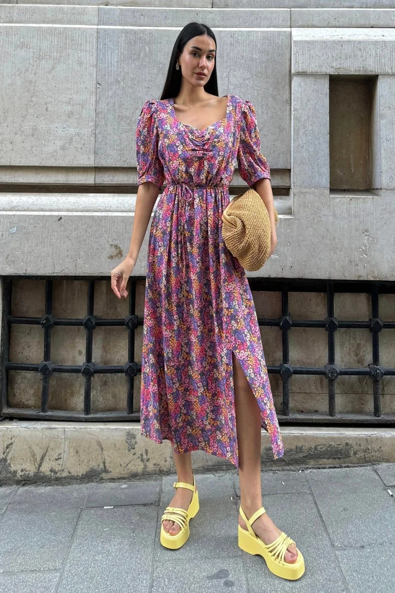 فور يو مودا Natural Viscose Front Gathered Slit Patterned Long Lilac Dress