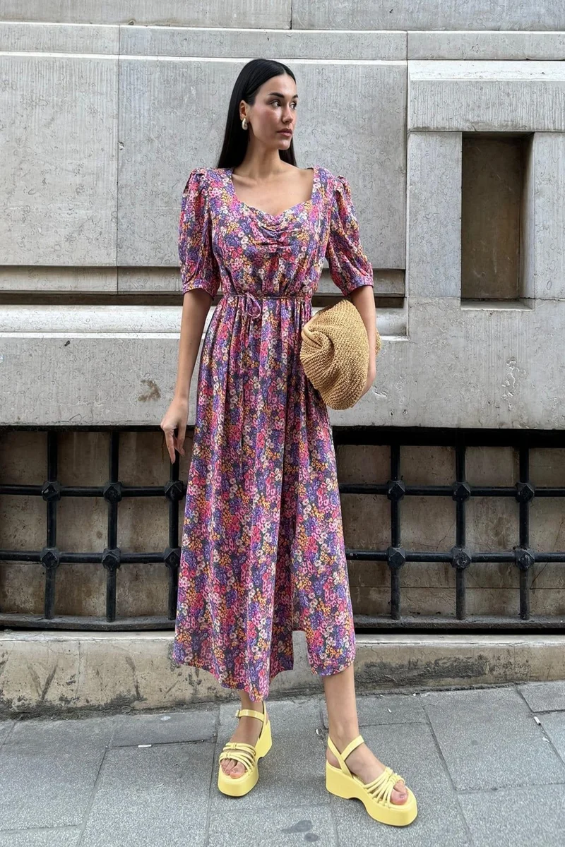 فور يو مودا Natural Viscose Front Gathered Slit Patterned Long Lilac Dress