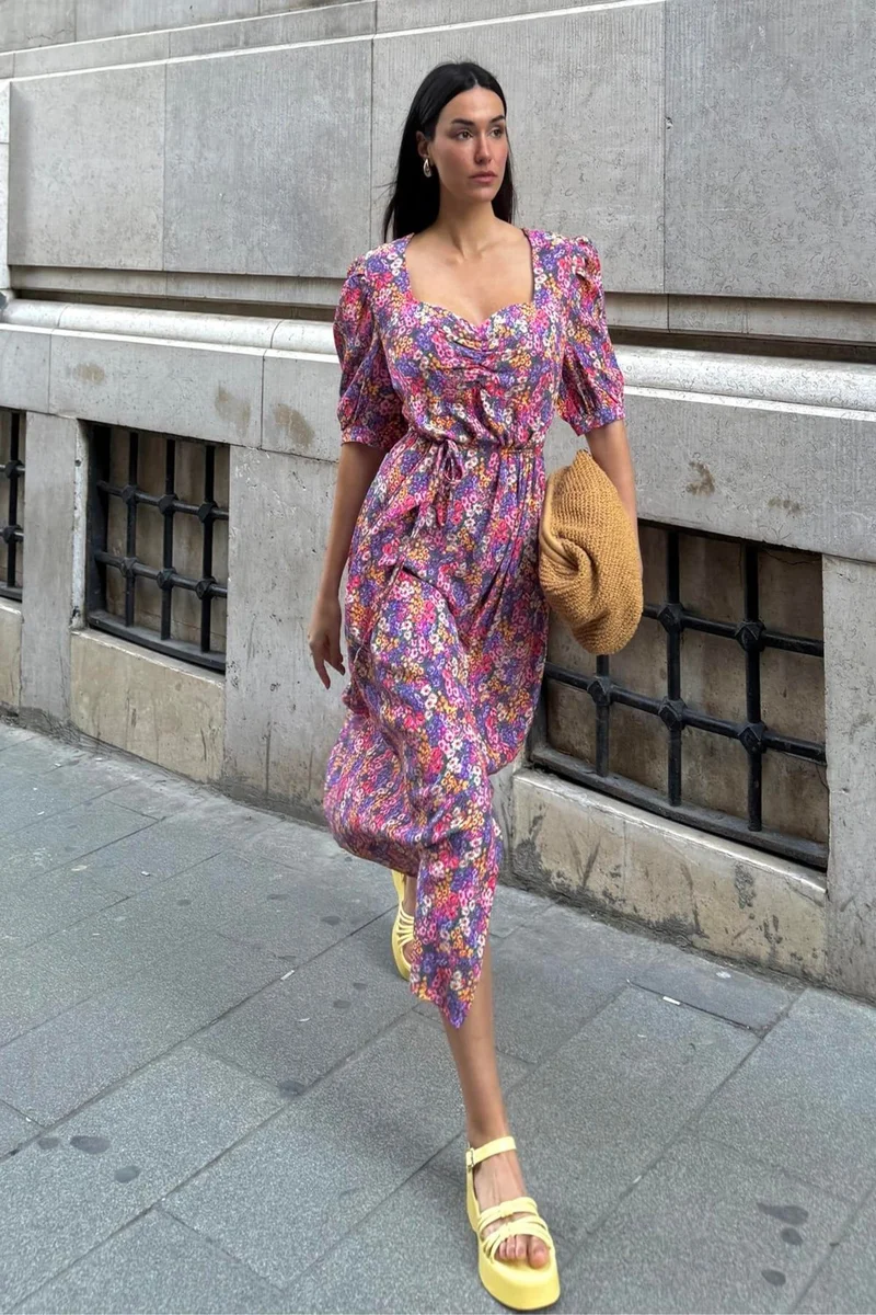 فور يو مودا Natural Viscose Front Gathered Slit Patterned Long Lilac Dress