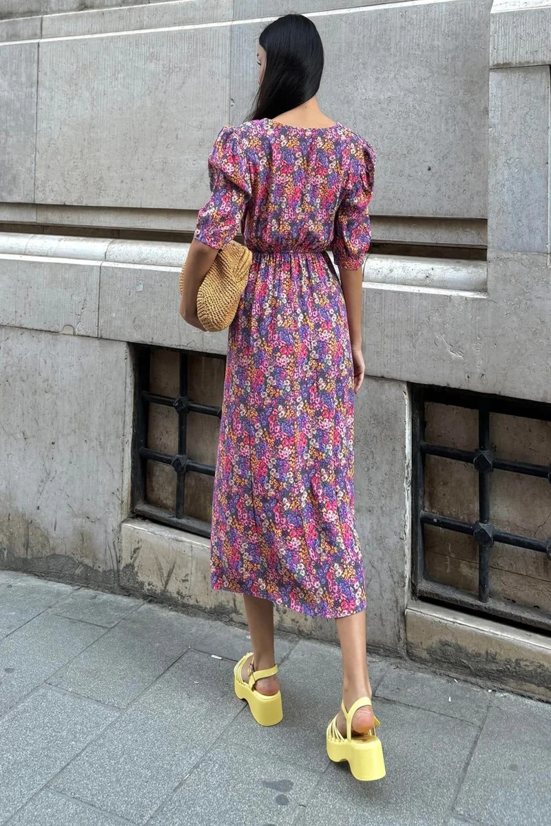 فور يو مودا Natural Viscose Front Gathered Slit Patterned Long Lilac Dress