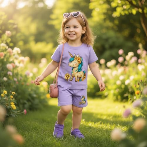 Fommy Pure Cotton T-Shirt Shorts Set for Baby Girl & Toddlers (Lavender) | Unicorn Print Summer Casual Outfit for Girls | Ultra-Soft Half Sleeve Top & Shorts Cord Set for Home, Play & Outing | 3-4Y - Image 3