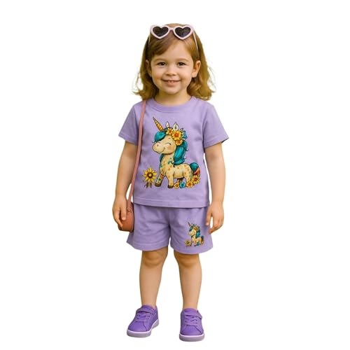 Fommy Pure Cotton T-Shirt Shorts Set for Baby Girl & Toddlers (Lavender) | Unicorn Print Summer Casual Outfit for Girls | Ultra-Soft Half Sleeve Top & Shorts Cord Set for Home, Play & Outing | 3-4Y - Image 1
