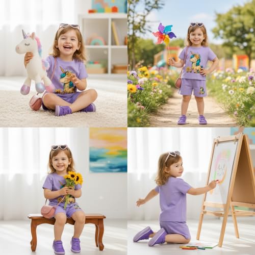 Fommy Pure Cotton T-Shirt Shorts Set for Baby Girl & Toddlers (Lavender) | Unicorn Print Summer Casual Outfit for Girls | Ultra-Soft Half Sleeve Top & Shorts Cord Set for Home, Play & Outing | 3-4Y - Image 5