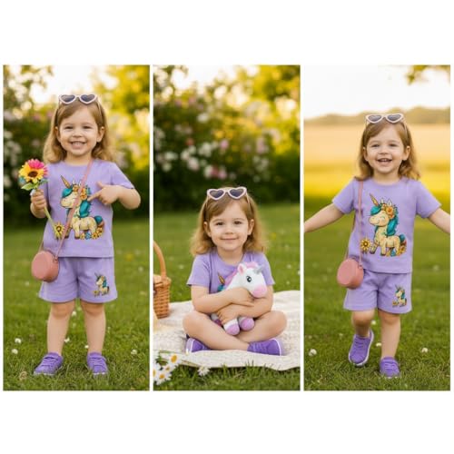 Fommy Pure Cotton T-Shirt Shorts Set for Baby Girl & Toddlers (Lavender) | Unicorn Print Summer Casual Outfit for Girls | Ultra-Soft Half Sleeve Top & Shorts Cord Set for Home, Play & Outing | 3-4Y - Image 2