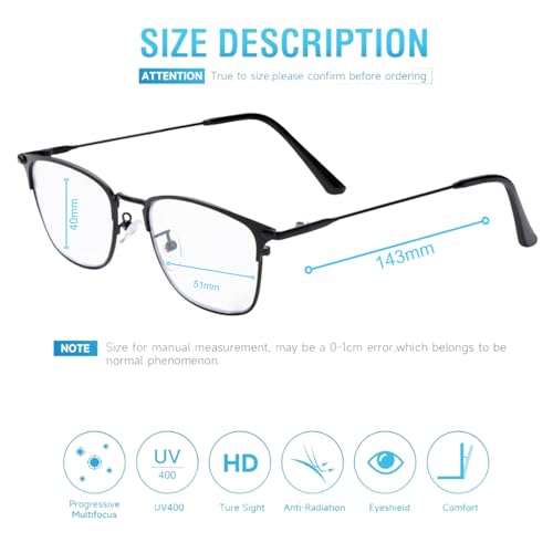 AEC Focus4 Progressive Unisex Reading Glasses | Full Rim Rectangular Metal Frame | Anti-Blue Light Multifocal Eyewear | Includes Hard Case & Cleaning Cloth (Black, +3.00) - Image 3