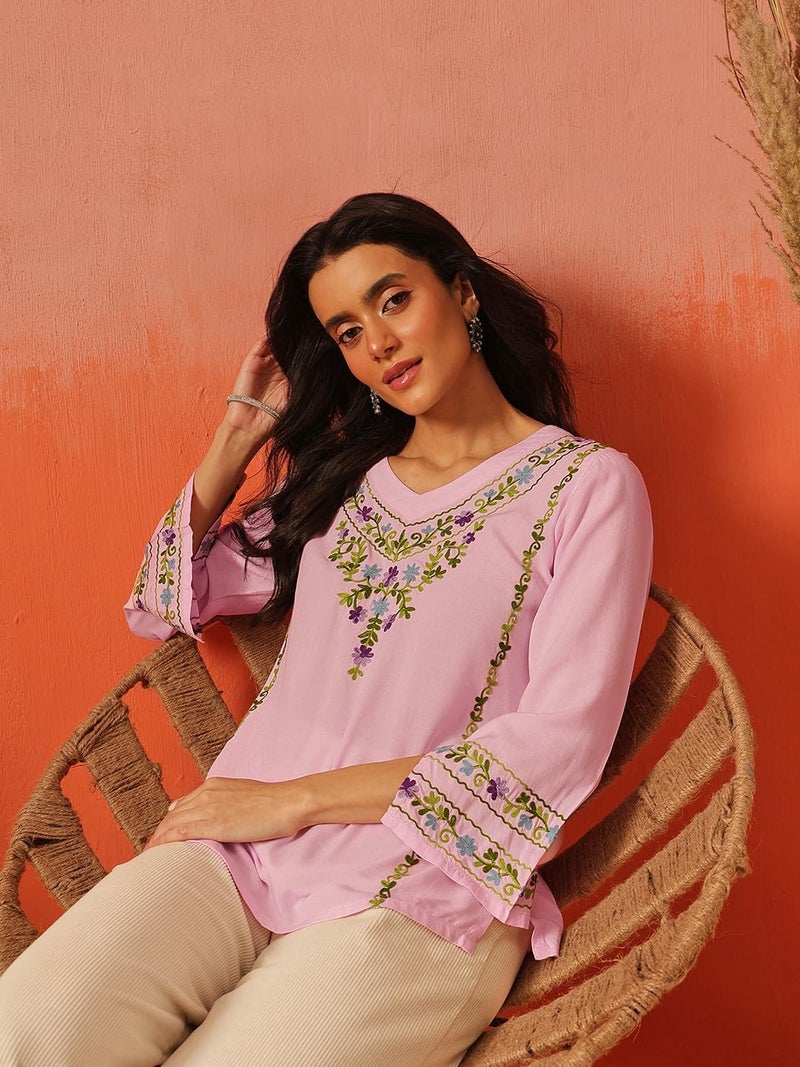 QAZMI Women's Amina Kashmiri Embroidered V-Neck Short Kurti_XL Light Pink - Image 2