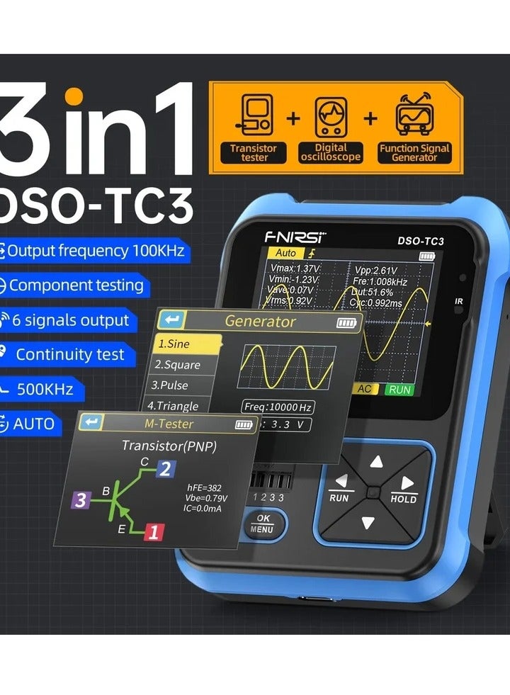 DSO-TC3 Oscilloscope -3-in-1 Handheld Oscilloscope & DDS Signal Generator & Transistor Tester, 500Khz Bandwidth 10MSa/s Sampling Rate, 6 Types of Waveforms, Transistors Measure - Image 2