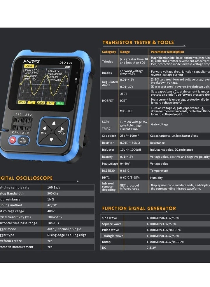 DSO-TC3 Oscilloscope -3-in-1 Handheld Oscilloscope & DDS Signal Generator & Transistor Tester, 500Khz Bandwidth 10MSa/s Sampling Rate, 6 Types of Waveforms, Transistors Measure - Image 3