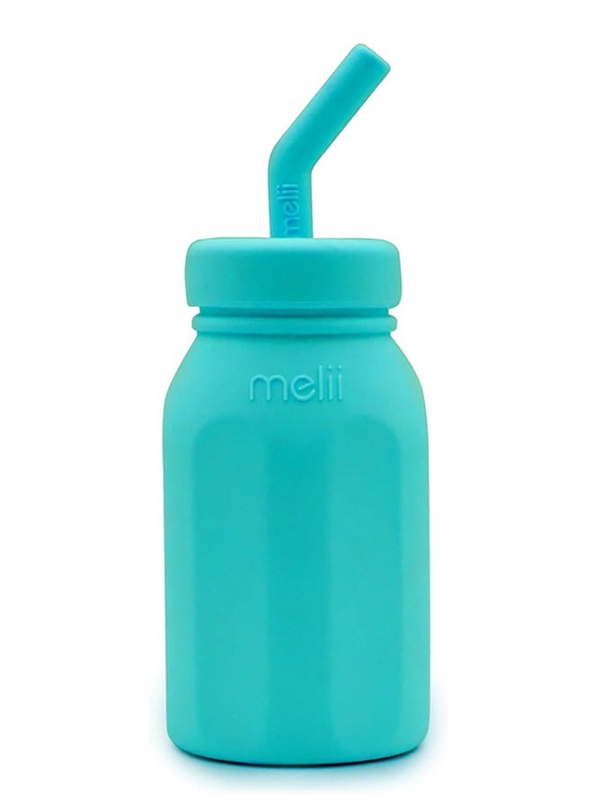 melii زجاجة ماء سيليكون مع قشة للأطفال، الصغار والأطفال، خالية من BPA، 230 مل، تركواز - Image 1