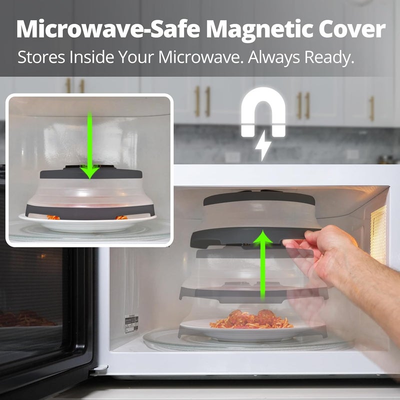 HOVER COVER Collapsible Magnetic Splatter Cover, 10-Inch Clear BPA-Free Food Lid Vented Plate Guard with Steam Vents, Anti-Splash Microwave Lid, Dishwasher Safe Space-Saving Magnetic Storage, Charcoal - Image 4