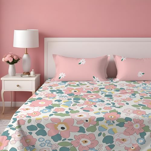 DREAMLET Prime Collections 160TC Glace Cotton Wrinkelfree Breathable Supersoft Double Flat Bedsheet with 2 Pillow Covers (Pink Multi, Flat) - Image 2