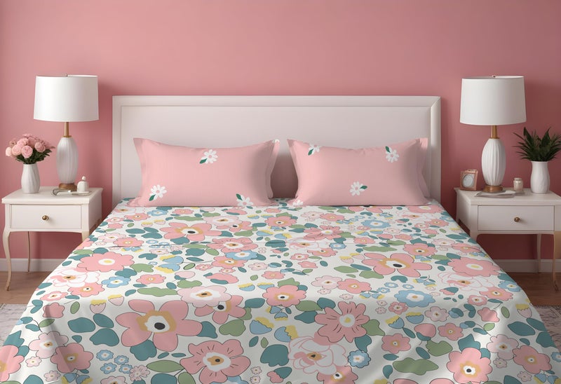 DREAMLET Prime Collections 160TC Glace Cotton Wrinkelfree Breathable Supersoft Double Flat Bedsheet with 2 Pillow Covers (Pink Multi, Flat) - Image 1