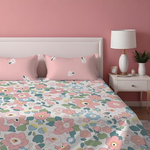 DREAMLET Prime Collections 160TC Glace Cotton Wrinkelfree Breathable Supersoft Double Flat Bedsheet with 2 Pillow Covers (Pink Multi, Flat) - Image 5