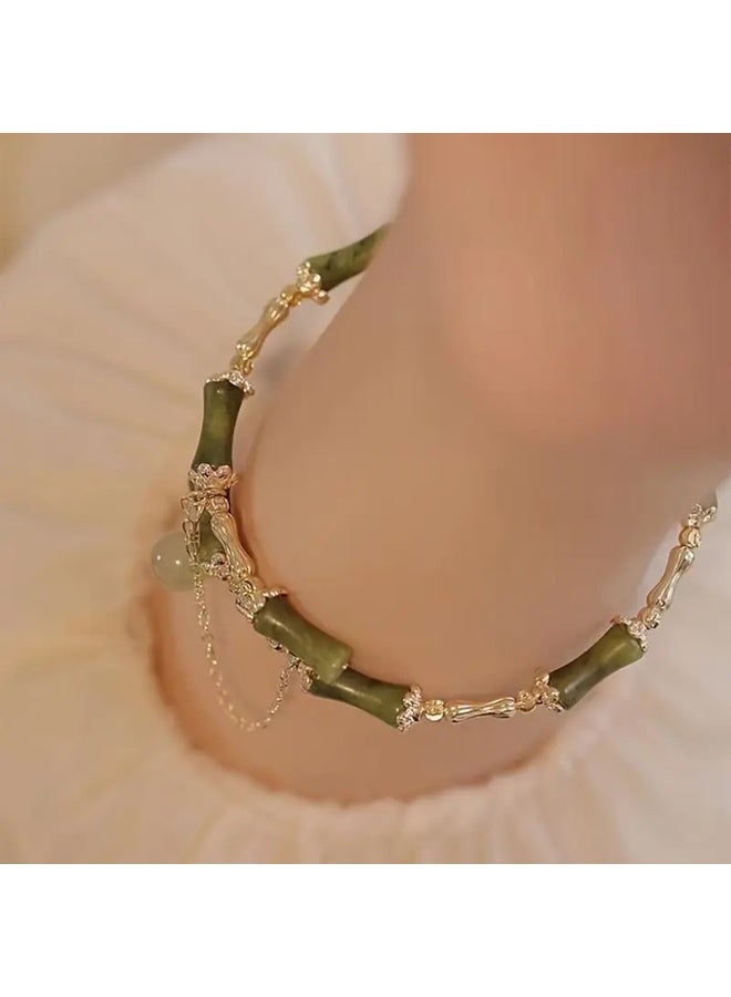 Goolsky سوار من الخيزران الأخضر الأنيق مع لمسات باللون الذهبي وسلسلة مزينة بالخرز - مجوهرات صناعية للنساء، عيد الحب، الذكرى السنوية - Image 4