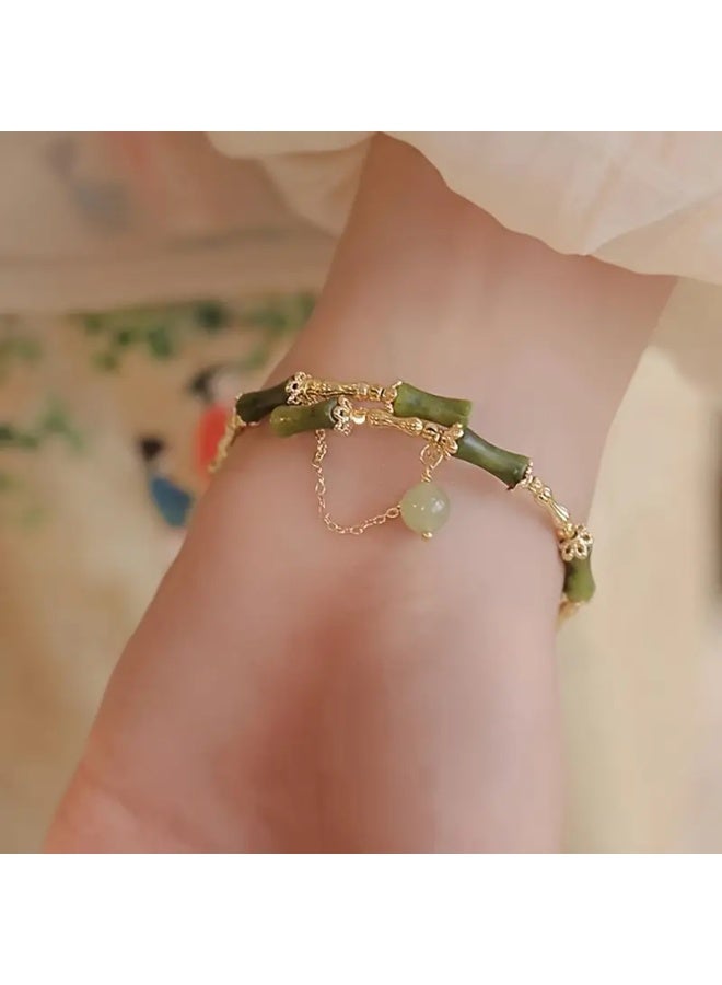 Goolsky سوار من الخيزران الأخضر الأنيق مع لمسات باللون الذهبي وسلسلة مزينة بالخرز - مجوهرات صناعية للنساء، عيد الحب، الذكرى السنوية - Image 3