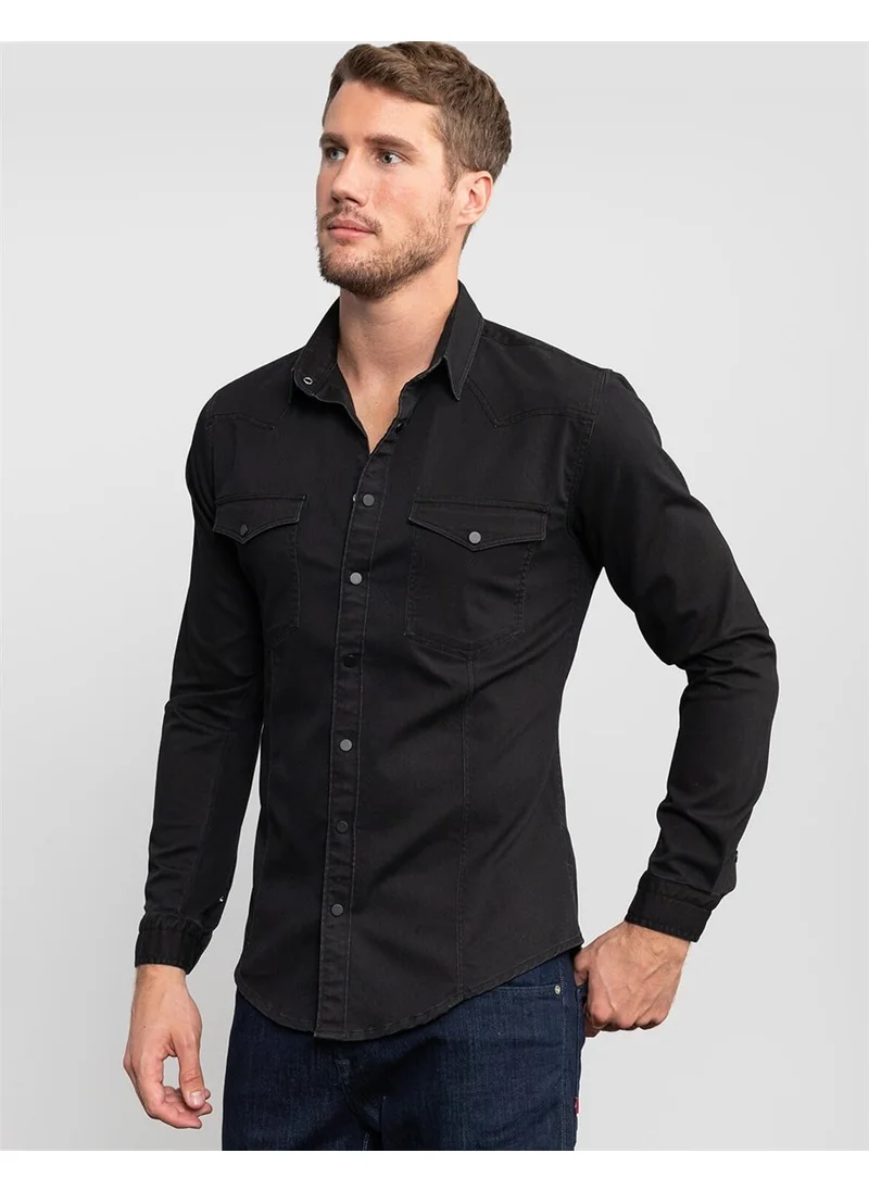 تودورس Slim Fit 100% Cotton Double Pocket Black Denim Shirt