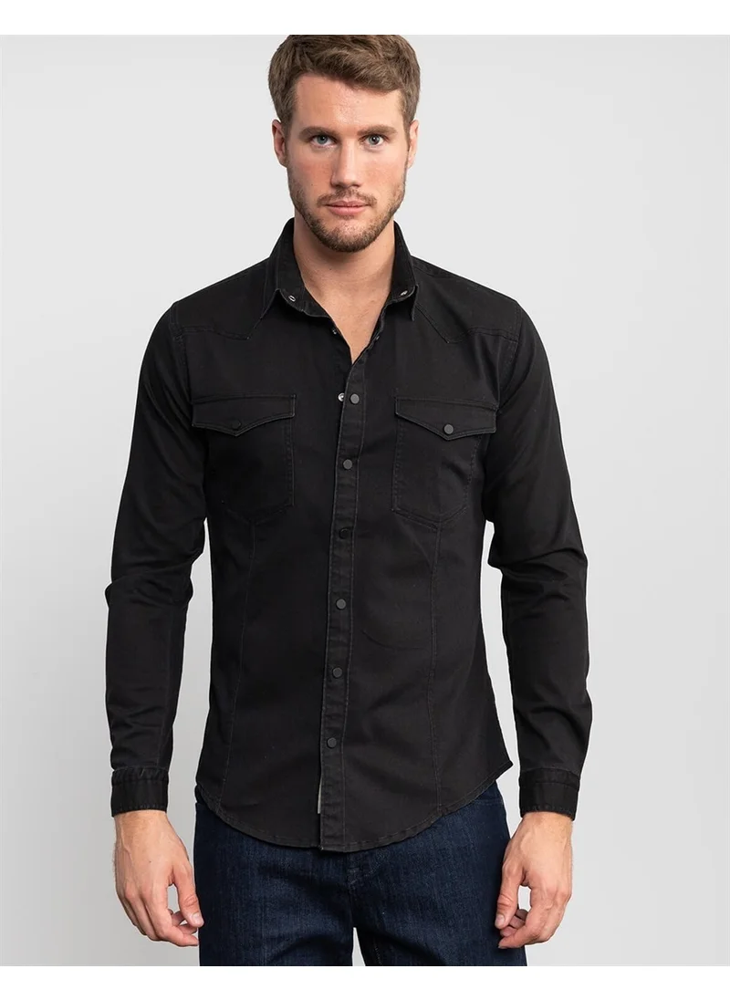 تودورس Slim Fit 100% Cotton Double Pocket Black Denim Shirt