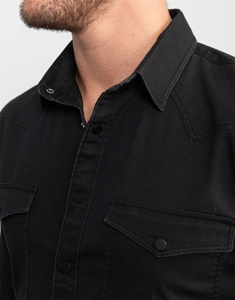 تودورس Slim Fit 100% Cotton Double Pocket Black Denim Shirt
