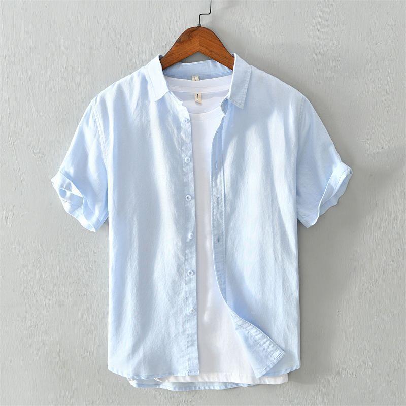 Summer Linen Short-sleeved Mens Shirt Lapel Solid Color Simple All-match Casual Slim-fit Breathable Cotton Linen Daily Thin Cardigan Sky Blue 566 