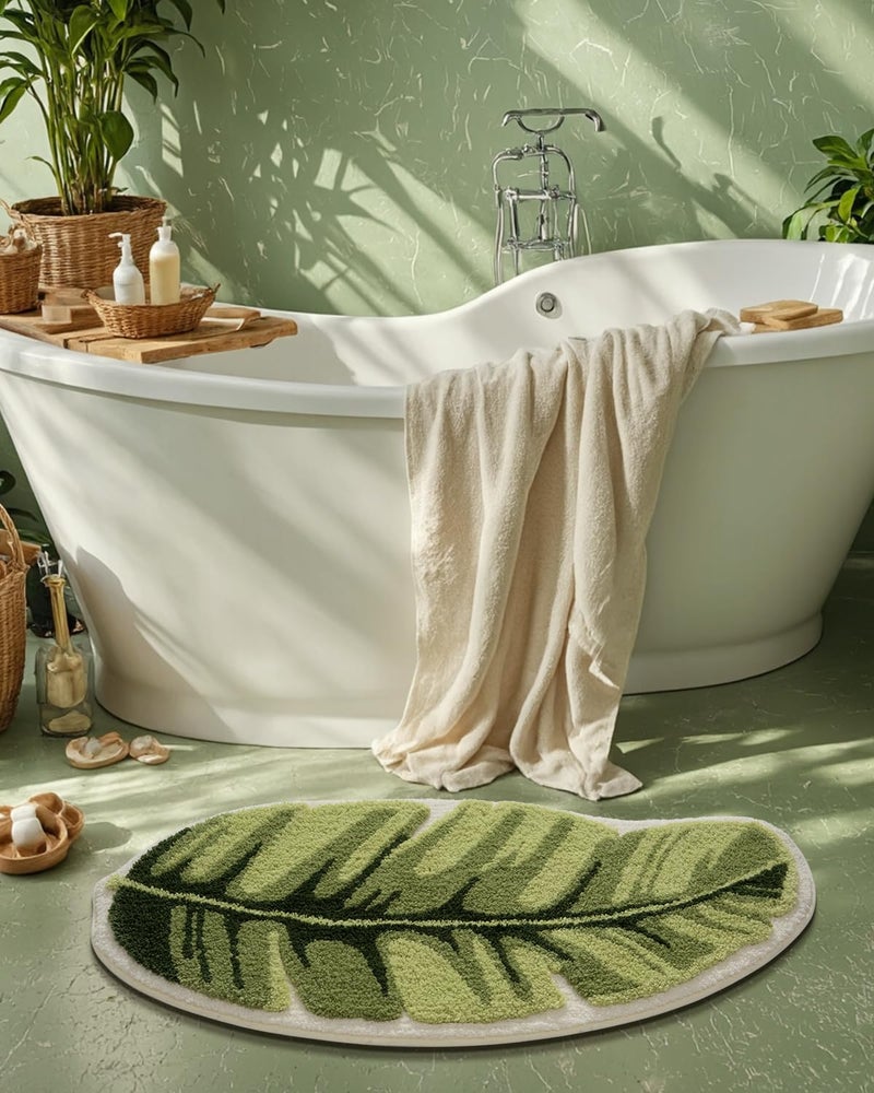 LUMI Cute Bathroom Rugs with Green Leaf Plant  Soft  Fluffy  Plush  Absorbent  Quick Dry  Non Slip  Machine Washable for Shower Floor  Bathroom  Bedroom Kids Room  19.5""x39.5""  Palm Leaf - Image 2