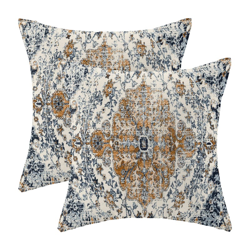 AEIOAE Boho Pillow Covers 20x20 Inch Set of 2Carpet Pattern Throw Pillows CaseRust Blue Ethnic Design Outdoor Decorative Square Linen Farmhouse Decor Cushion Covers for Home Sofa Bed Couch