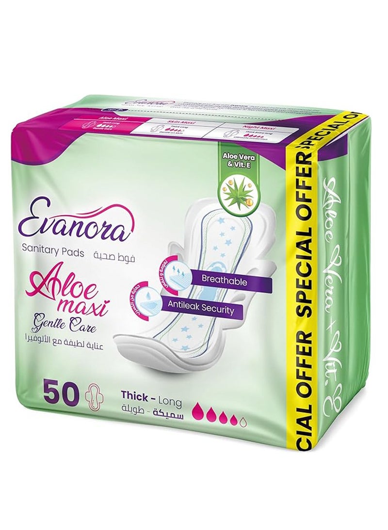 Evanora Sanitary Pads Aloe Maxi 50 Count | Thick & Long | Gentle Care with Aloe Vera + Vitamin E | Ultra Absorbent, Anti-Leak, Breathable | Skin-Friendly Feminine Pads for Women - Image 1
