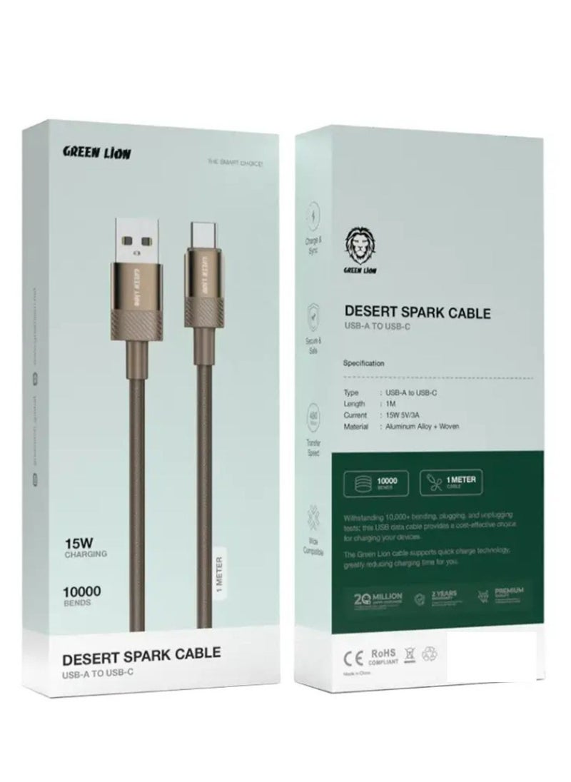 GREEN LION Desert Spark Cable USB-A to USB-C, 3A/5V, 15W Power, Wide Compatibility, Charge & Sync Capability - Desert Titanium  - Image 2