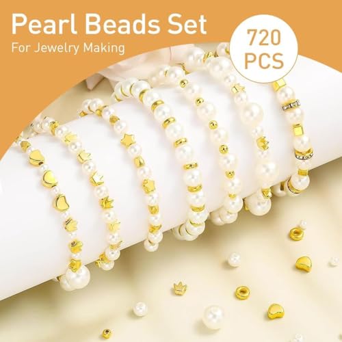 Tusmad 720PCS Pearl Beads Jewelry Making Kit – Assorted Sizes Round Pearl Beads, Gold Spacer Beads, Tools & Charms for DIY Crafts, Bracelets, Necklaces & Earrings (Bracelet Making Kit JS-09) - Image 3