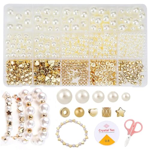 Tusmad 720PCS Pearl Beads Jewelry Making Kit – Assorted Sizes Round Pearl Beads, Gold Spacer Beads, Tools & Charms for DIY Crafts, Bracelets, Necklaces & Earrings (Bracelet Making Kit JS-09) - Image 1