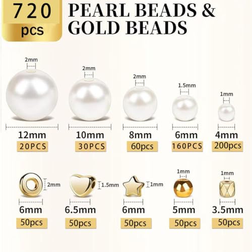 Tusmad 720PCS Pearl Beads Jewelry Making Kit – Assorted Sizes Round Pearl Beads, Gold Spacer Beads, Tools & Charms for DIY Crafts, Bracelets, Necklaces & Earrings (Bracelet Making Kit JS-09) - Image 2