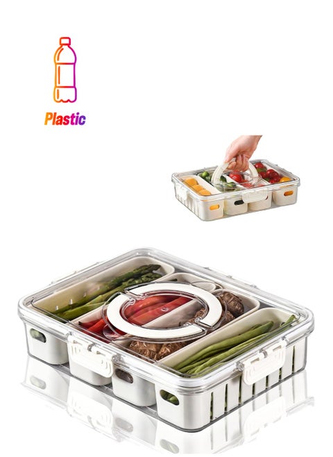 Storage Containers for Fridge, Divided Serving Tray with Lid and Handle, 4 Grids Portable Food Box Container, Fresh Produce Saver for Fruit, Vegetable, Refrigerator, Kitchen, Home, Picnic